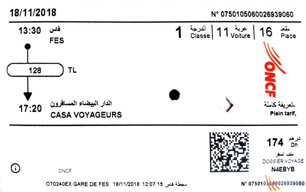 Train ticket Fez Morocco Casa Voyageurs ONCF