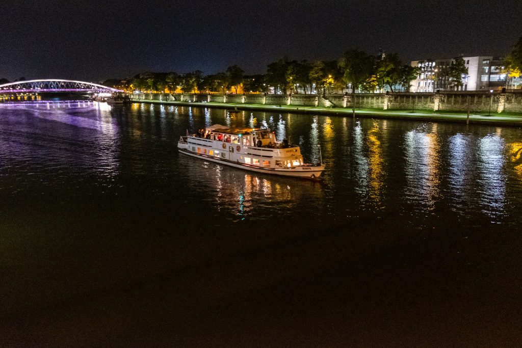 Krakow, Poland, Wisla, river, night, reflection, lights, boat, bridge