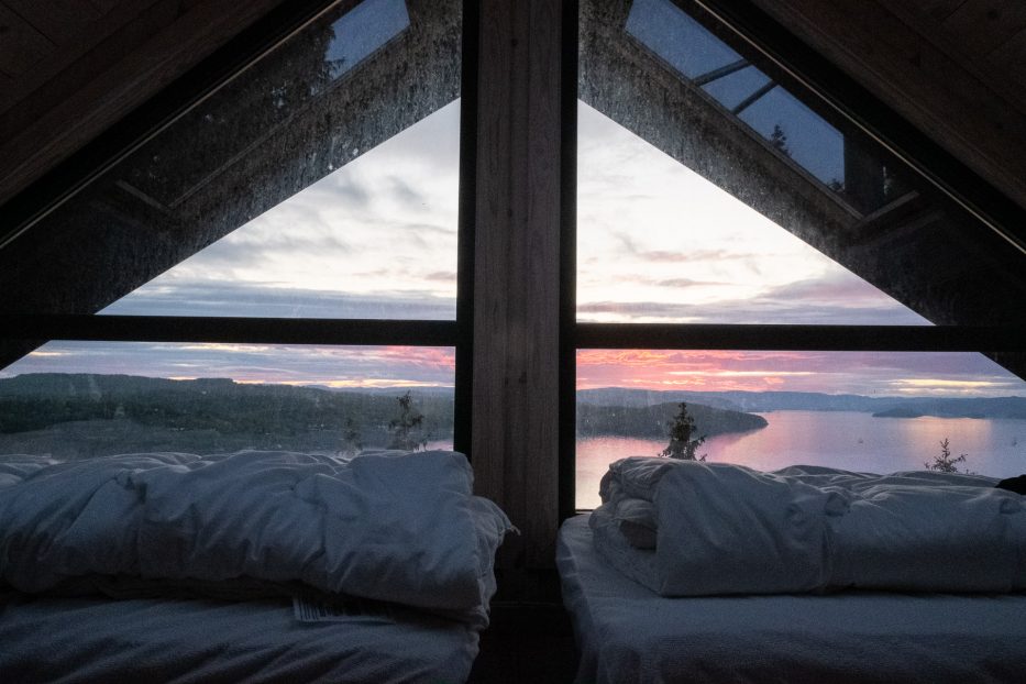 Tretopphytter Oslofjord, Norway, treetop cabin, nature, view, Falkeredet, window, sunset