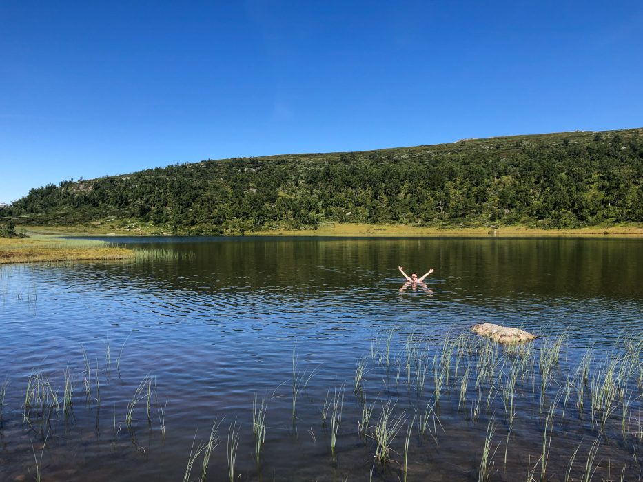 Beitostølen, Norway, nature, hike, mountains, green, summer, girl, pond, swimming