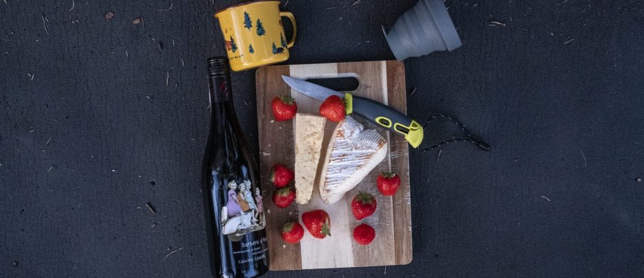 mat på campingtur, ost rødvin og jordbær