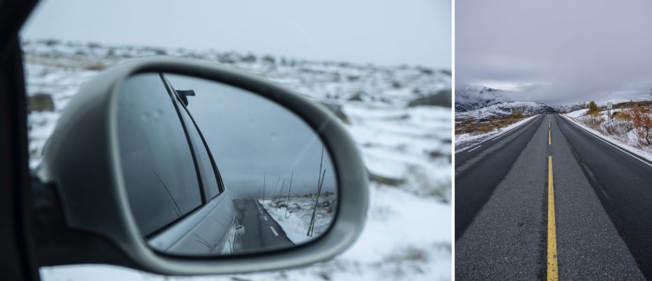 Driving over Valdresflye with snow