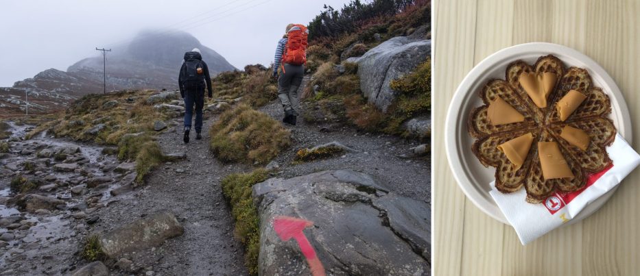 People hiking Bitihorn and Norwegian traditional waffle with brown cheese