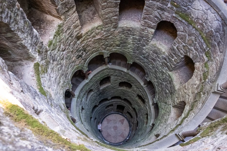 view down the Initiation well at Quinta da Regaleira in sintra portugal
