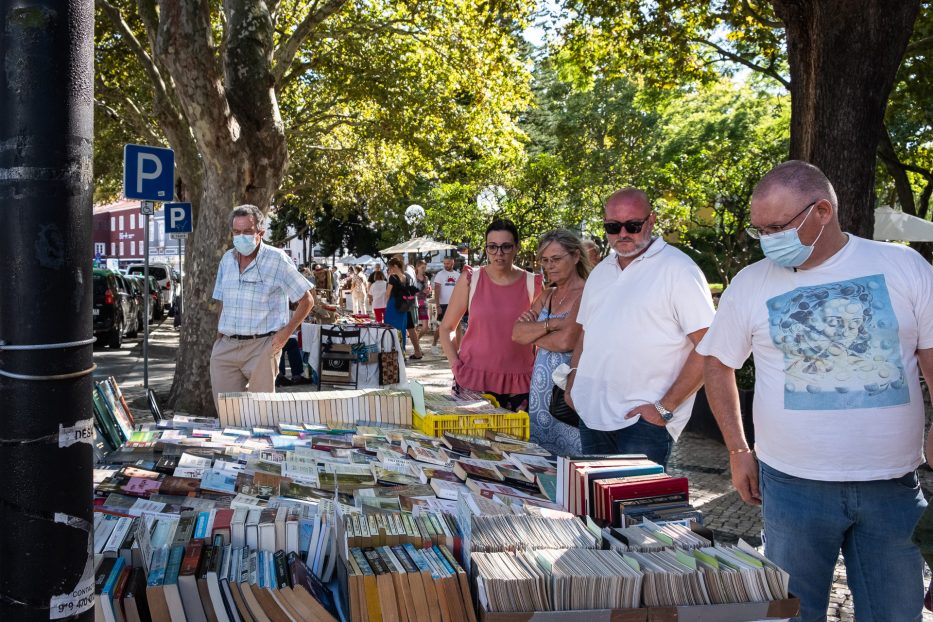 people looking at books at a market in cascais