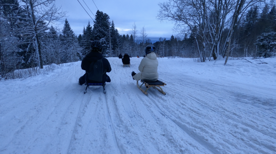 to personer aker ved siden av hverandre på en vei dekket av snø