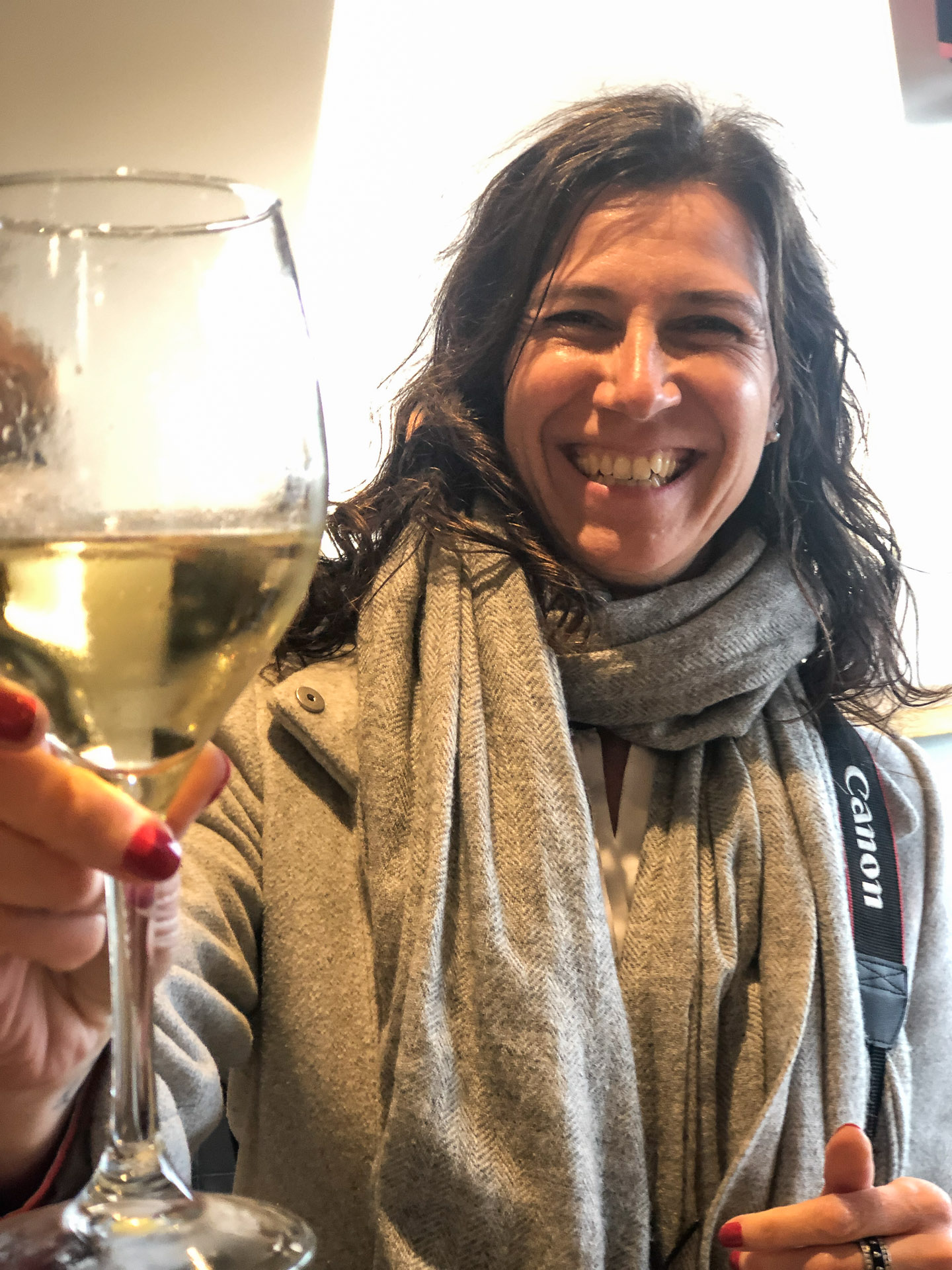 smiling woman toasting tie a glass of white wine