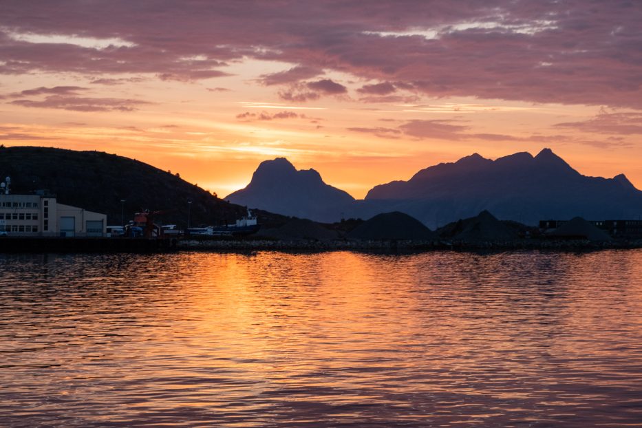 sunset over Bodø and Lofoten in the distance