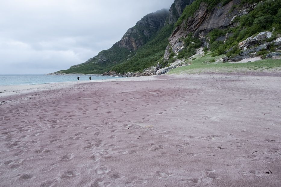 personer går i det fjerne og rosa sand foran majestetisk landskap på mjelle strand