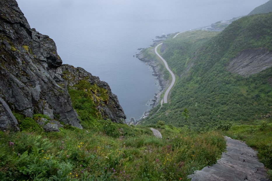 sherpa steps and the road below reinebringen