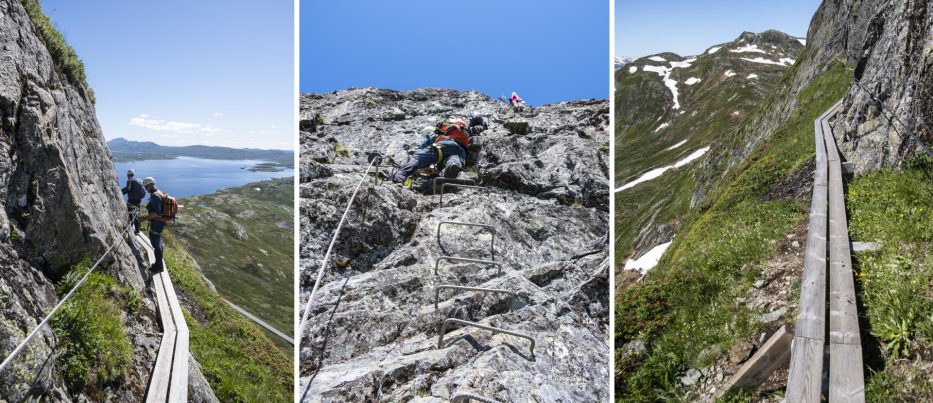 en kollasje med tre bilder fra via ferraat synshorn, personer som klatrer og utsikt