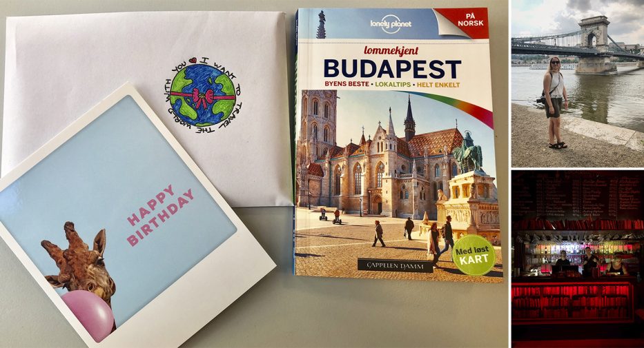 bursdagkort med sjiraff som blåser tyggisboble, konvolutt, reiseguide til budapest og to bilder fra budapest i en kollasje