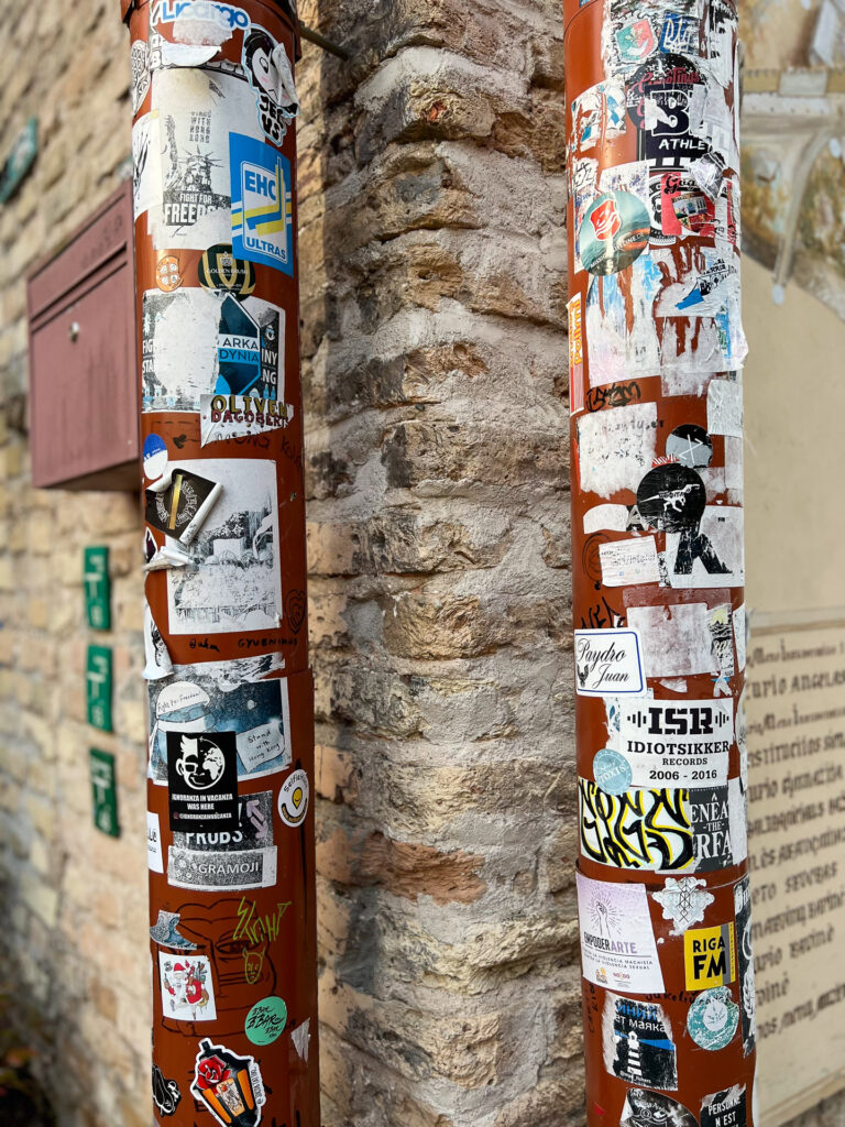 a wall filled with stickers