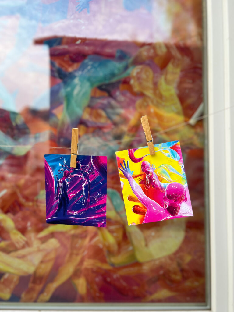 to små fargerike kunstverk henger på en snor med klesklyper foran et større kunstverk