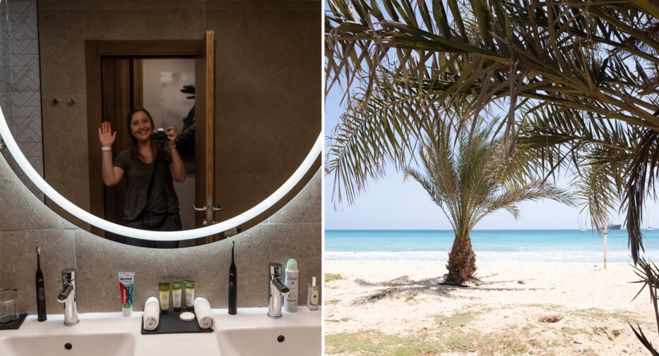 kollasje av smilende jente som tar selfie i et baderomsspeil mens hun vinker og av palmer på en strand med azurblått vann i bakgrunnen