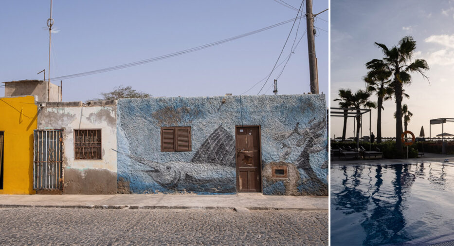 collage of house with a fish street art motive and palm trees behind a swimming pool