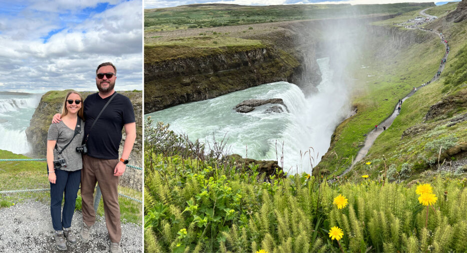 man and woman smiling in front of waterfall in iceland