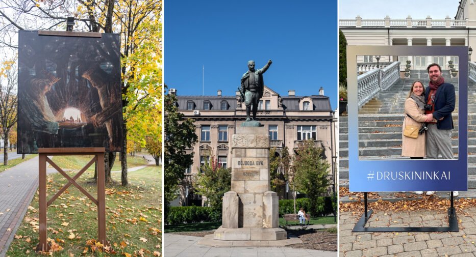 kunst utendørs, en statue og et smilende par i druskininkai litauen