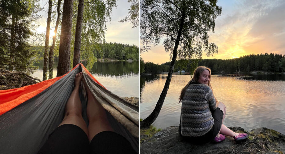 person ligger i hengekøye ved innsjø og en kvinne sitter foran et vann med solnedgang over trærne i bakgrunnen