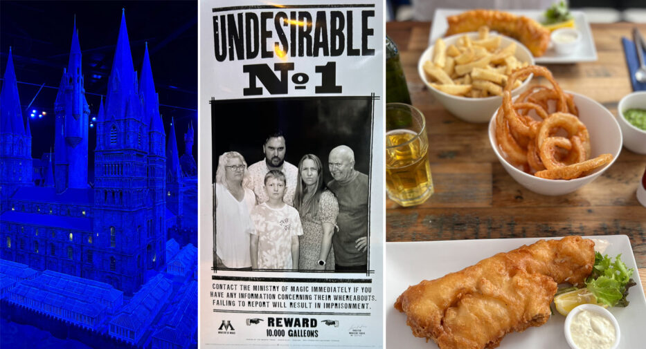 hogwarts, poster of people posing on a undesirable no 1-poster harry potter and a table with fish n chips