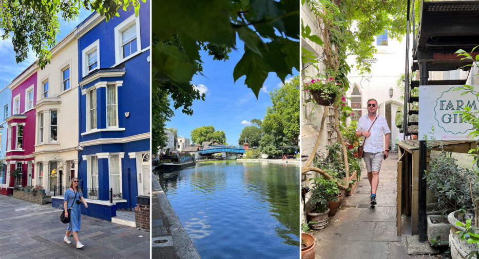 woman walking in front of colourful house in notting hill, little venice in london and man walking in as street in london
