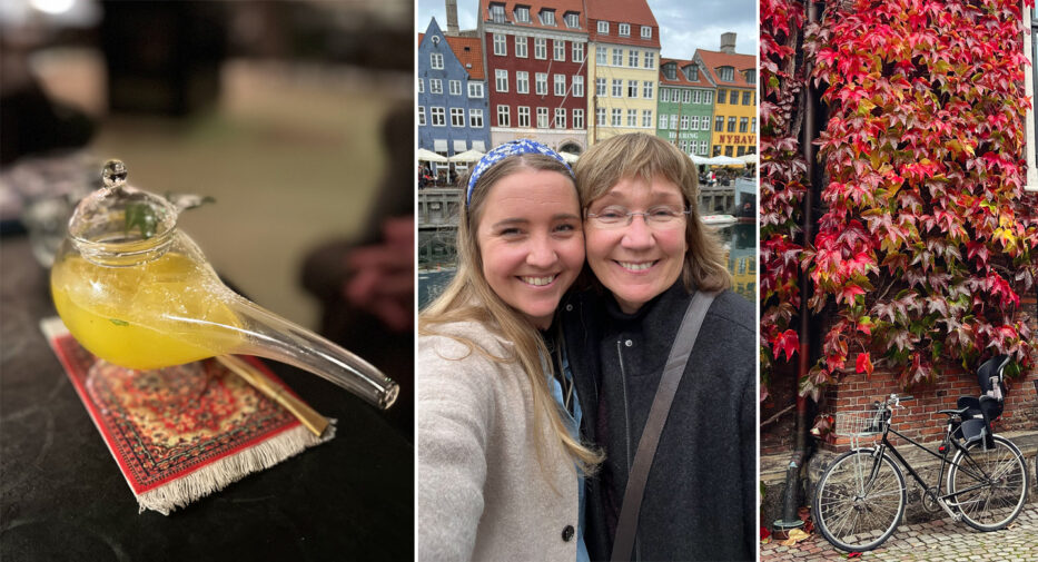 a drink shaped as a lamp on a carpet, two smiling ladies in front of colourful houses in nyhavn and a bike parked in front of colourful leaves in copenhagen