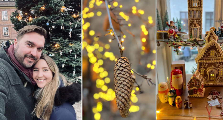 man and woman smiling in front of christmas tree, a pine cone with blurry fairy lights behind and cozy christmas figures in a shop display