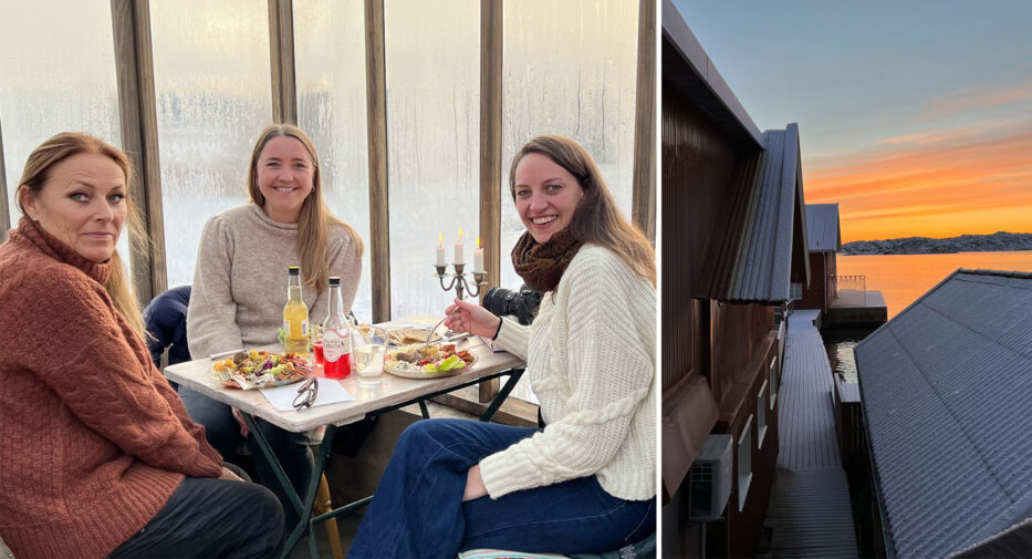 tre kvinner rundt et bord smiler og soloppgang over iskalde bygninger og sjøen i sverige