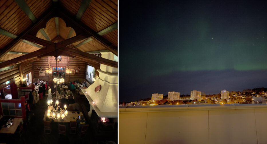 collage of frognerseteren and of aurora borealis over the sky in oslo