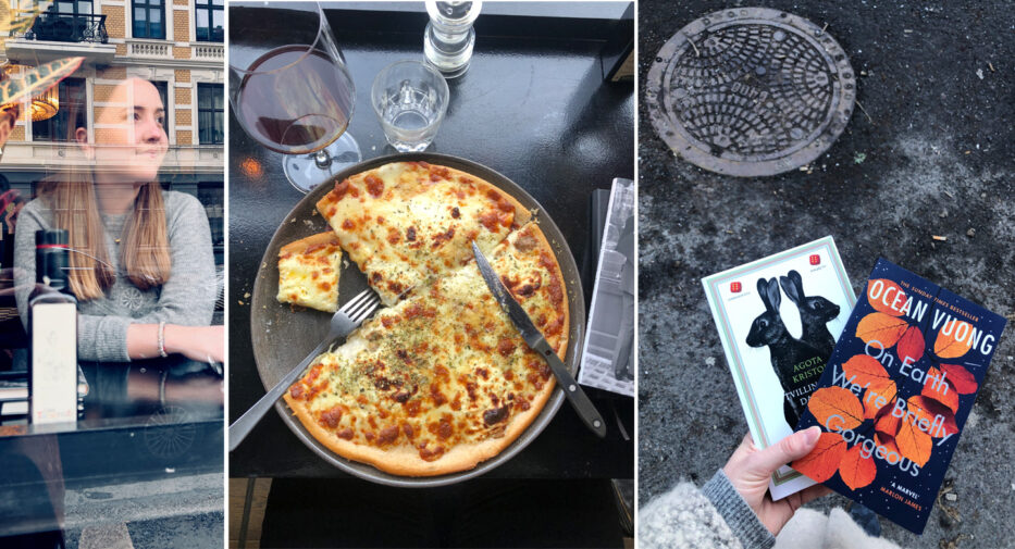 collage of woman looking out a window with colourful reflections in front, a table with a pizza that has been cut into and two books held up in a street