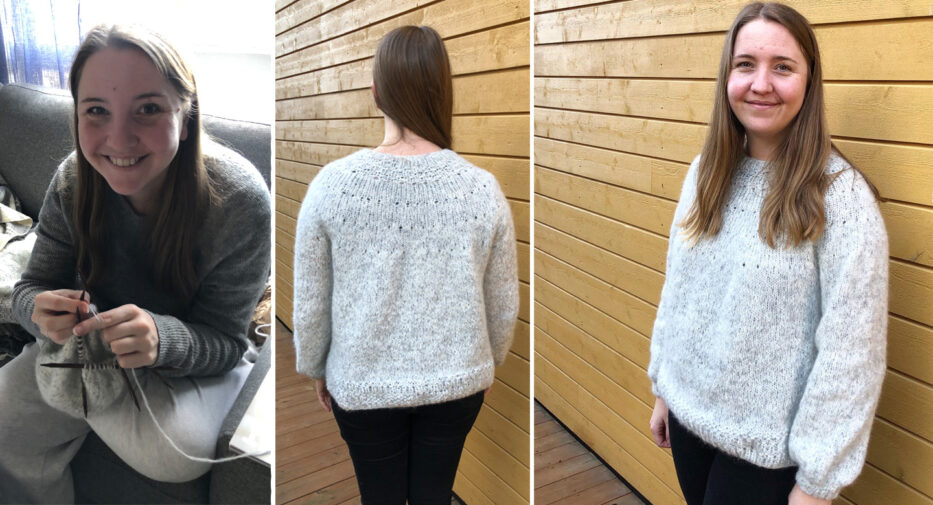 collage of smiling girl knitting and then wearing the knitted grey sweater in front of a yellow wooden wall