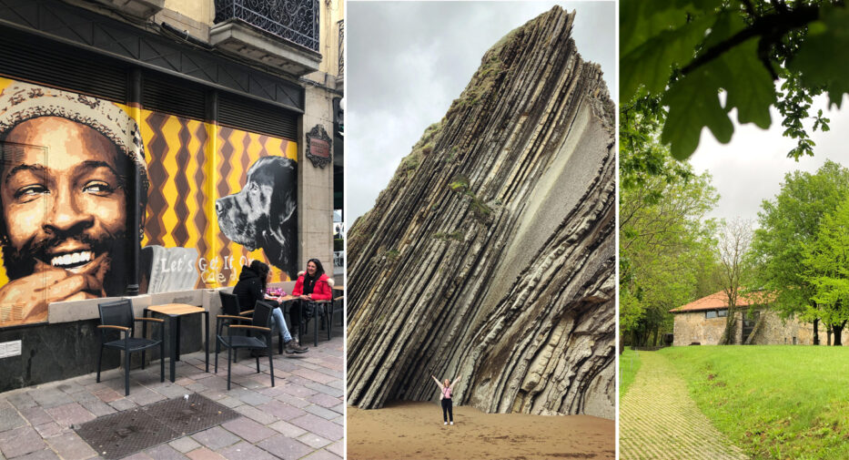 kollasje av gatekunst, en kvinne som holder armene over hodet foran en stor fjellformasjon på flysch og chilida leku-museet i spania