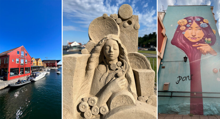 fargerike bygninger på havna i kristiansand, kunst laget av sand og gatekunst på en vegg i kristiansand