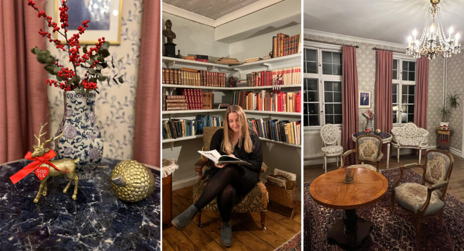 details from a mansion in sweden and a woman reading a book