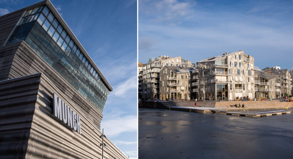 kollasje av munch-museet og bjørvika-området i oslo på en solrik dag