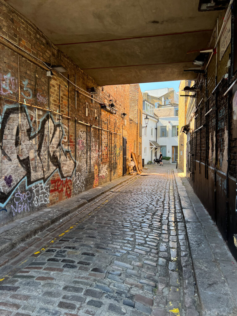 the sun shining underneath a bridge with cobblestone and grafitti