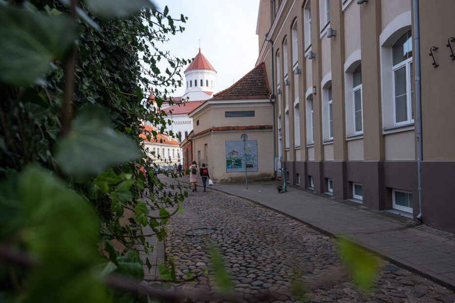 two women walking in the streets of vilnius with leafs framing the image, cobblestone on the ground and a church in the back