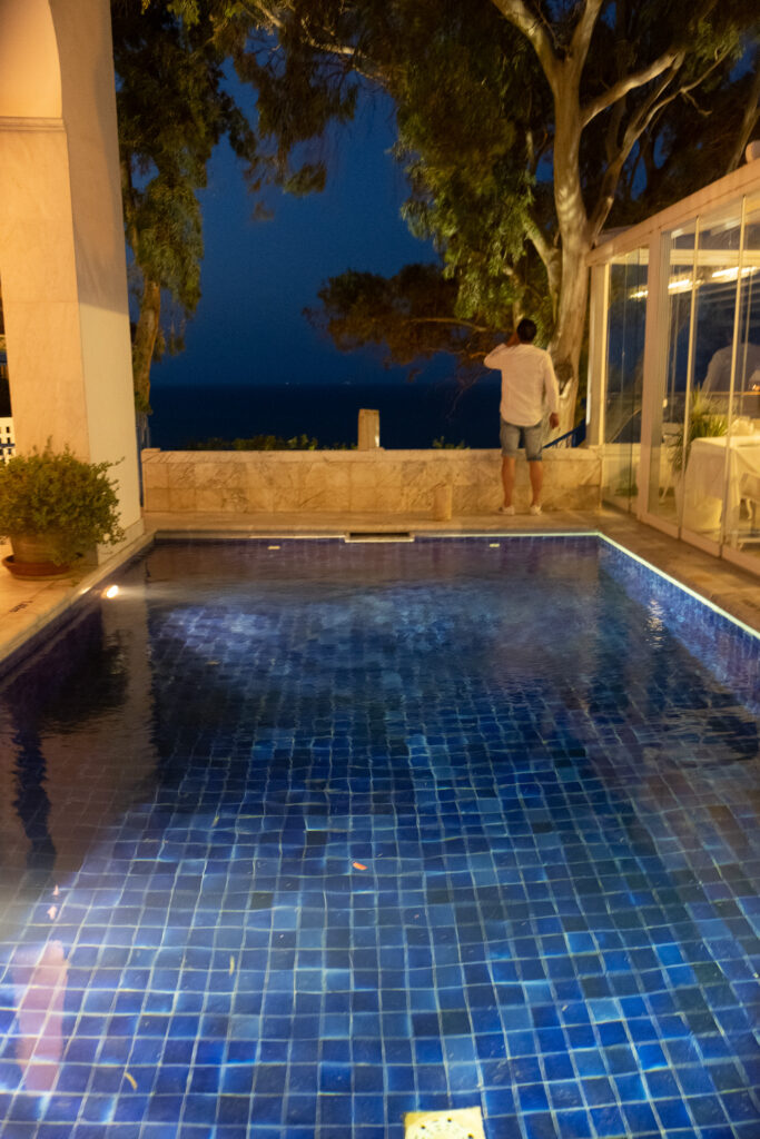 pool detail from inside restaurant la villa bleue