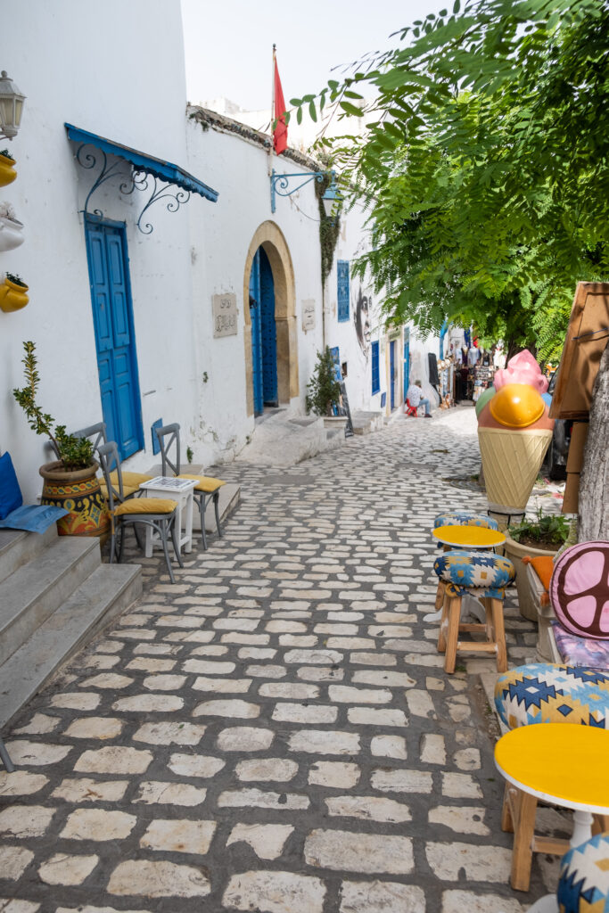 happy colourful details outside a cafe in sidi bou said