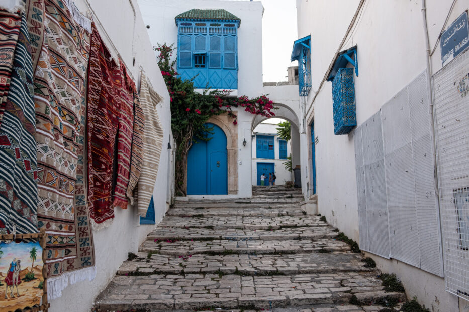 a beautiful cobblestone street with stairs in sidi bou said with colourful carpets handing on the left side