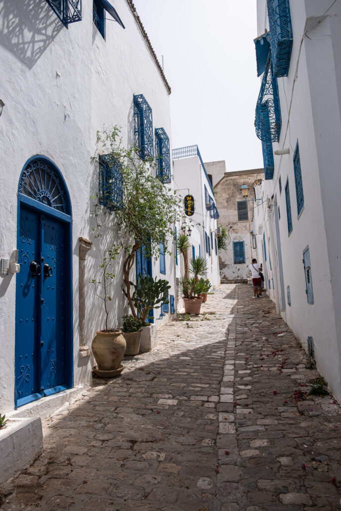 a person with their back to the camera stands in a narrow cobblestone street in sidi bou said