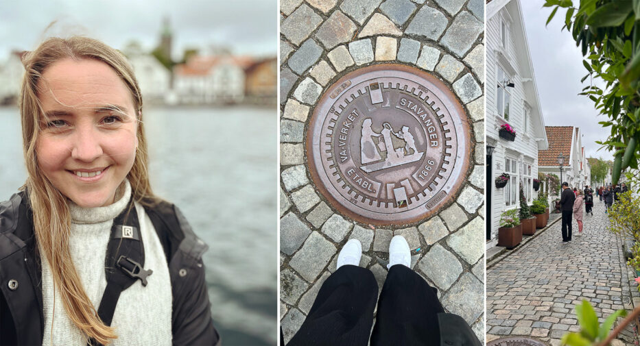 smiling woman, a man peephole with stavanger logo and the old town