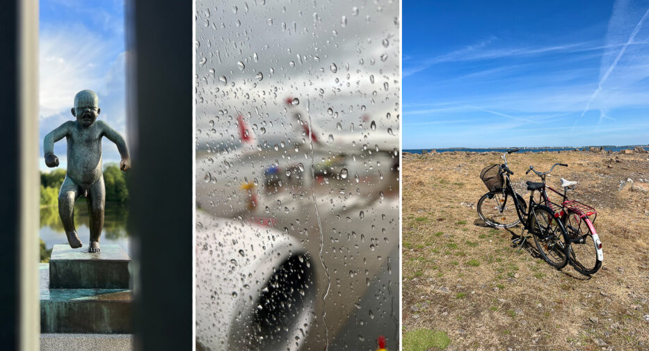 sinnataggen i vigelandsparken, regndråper på et flyvindu og to sykler parkert ved havet