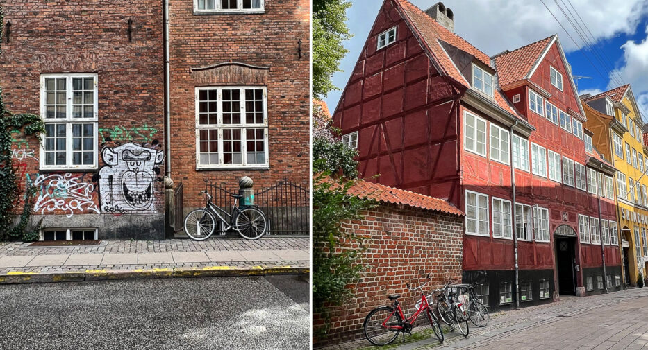 to vakre hus i københavn med sykler foran