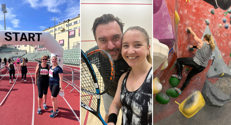 to kvinner på kk-mila, en mann og en kvinne poserer med squash-racketer og en kvinne i klatreveggen