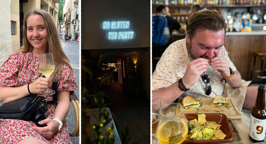 smilende kvinne i barcelona, no gluten yes party og mann nyter et måltid i barcelona