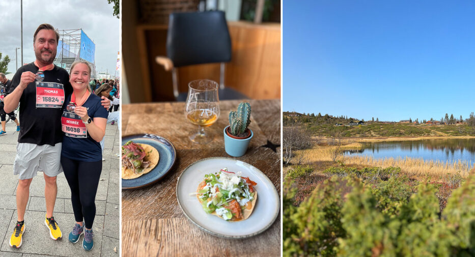 mann og kvinne med medaljer fra oslo maraton, taco på to asjetter på et trebord og en kaktur og naturbilde fra fjellet