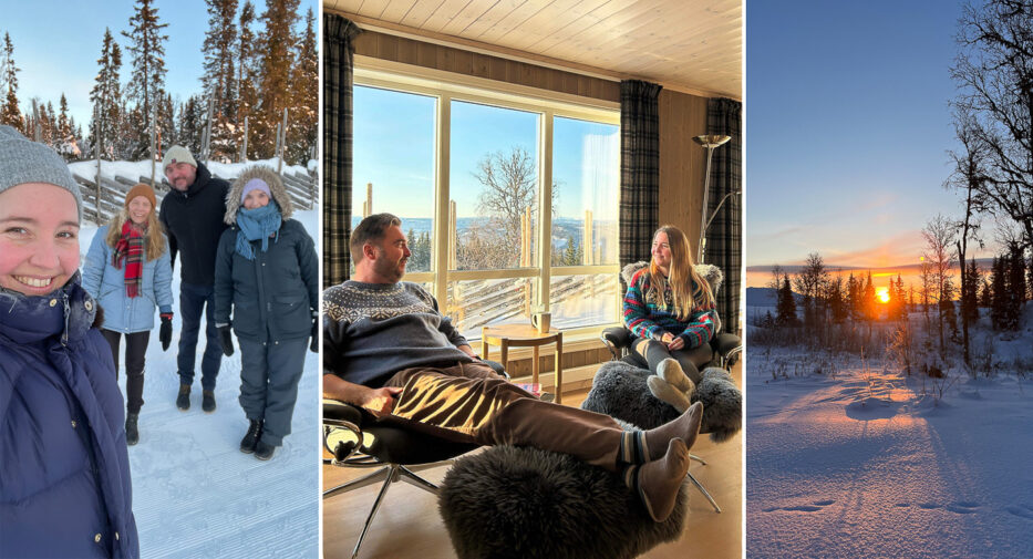 four people in winter gear, man and woman smiling inside a cabin and sunset over a winter landscape