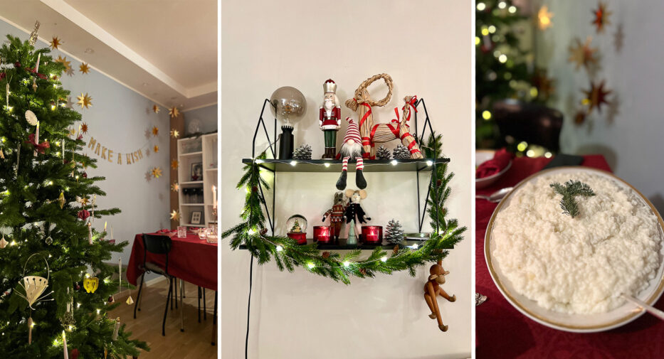 christmas tree, christmas decorations and porridge