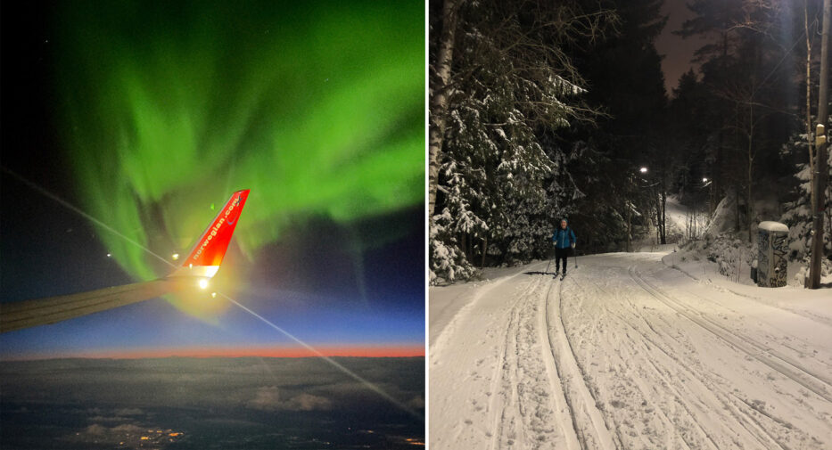 nordlys fra et norwegian-fly og person på skitur